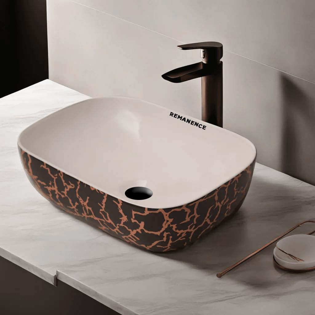 REMANENCE Premium Designer Table Top Wash Basin For Designer Bathrooms, Luxury Homes, Boutique Hotels (18 x 13 x 5.5 Inch) (AD 26 White N Black Gold)