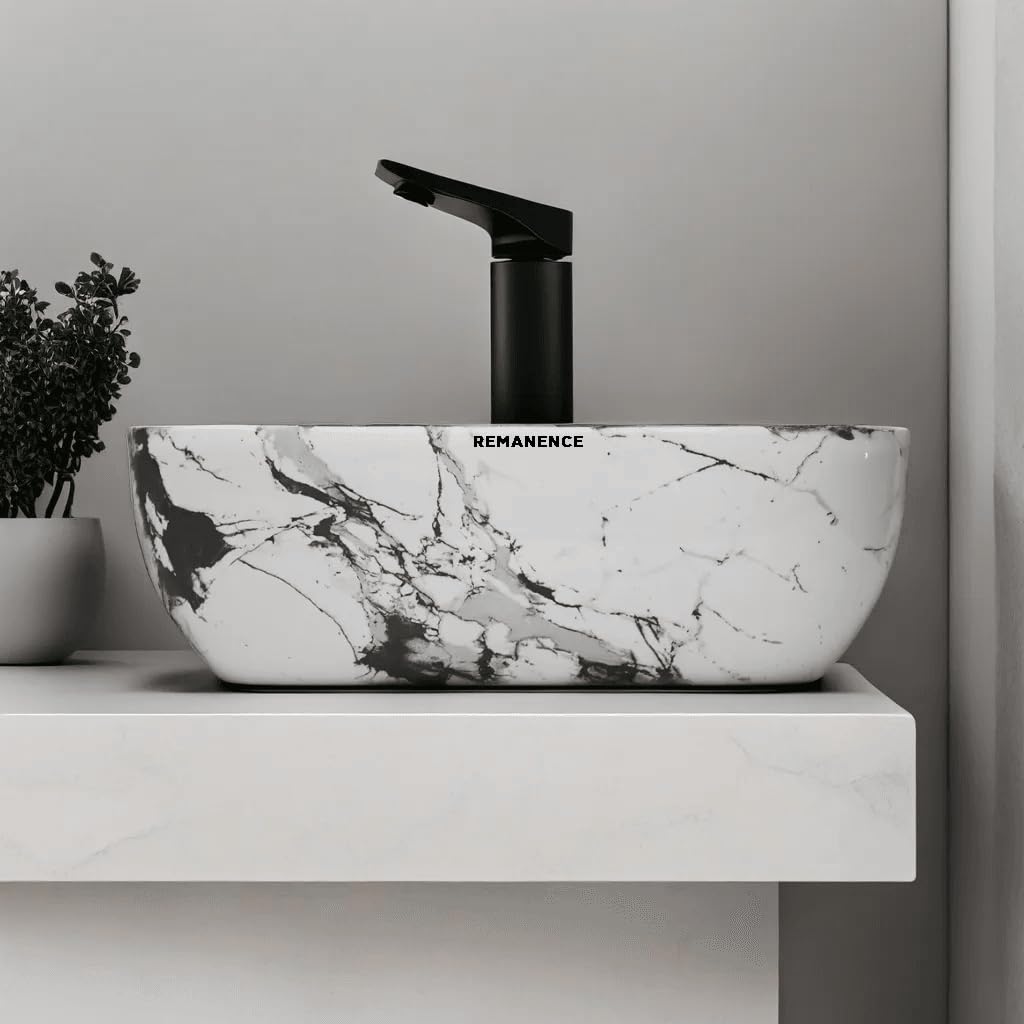 REMANENCE Premium Designer Table Top Wash Basin For Designer Bathrooms, Luxury Homes, Boutique Hotels (18 x 13 x 5.5 Inch) (AD 73 Designer White Black)