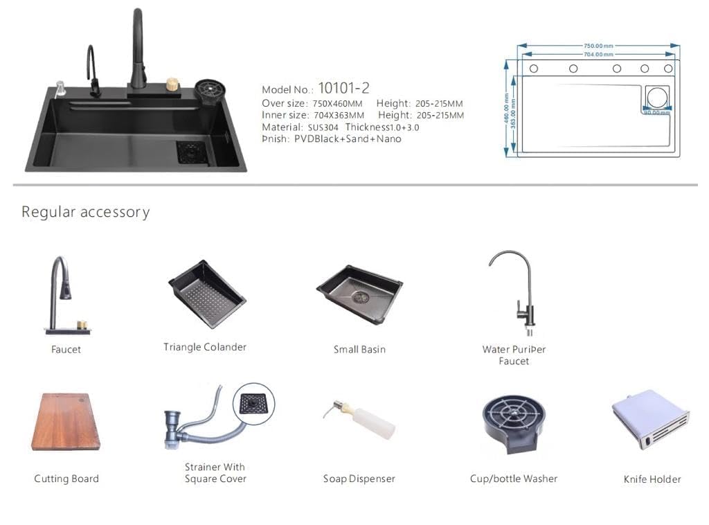 REMANENCE Modular Waterfall Kitchen Sink with Anti Scratch Honeycomb Design, Integrated and Pull-Down Faucet Set/304 Grade Stainless Steel Sink with Cup washer and Drain Baskets (30 x 18 x 9 inch)