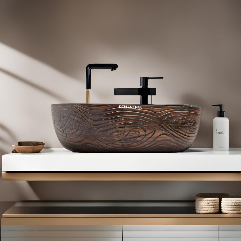 REMANENCE Premium Wooden Style Designer Table Top Wash Basin for Luxury Homes, Premium Restaurants & Cafés, Boutique Hotels & Resorts (18 x 13 x 5.5 Inch) (Wooden Style Basin 03)
