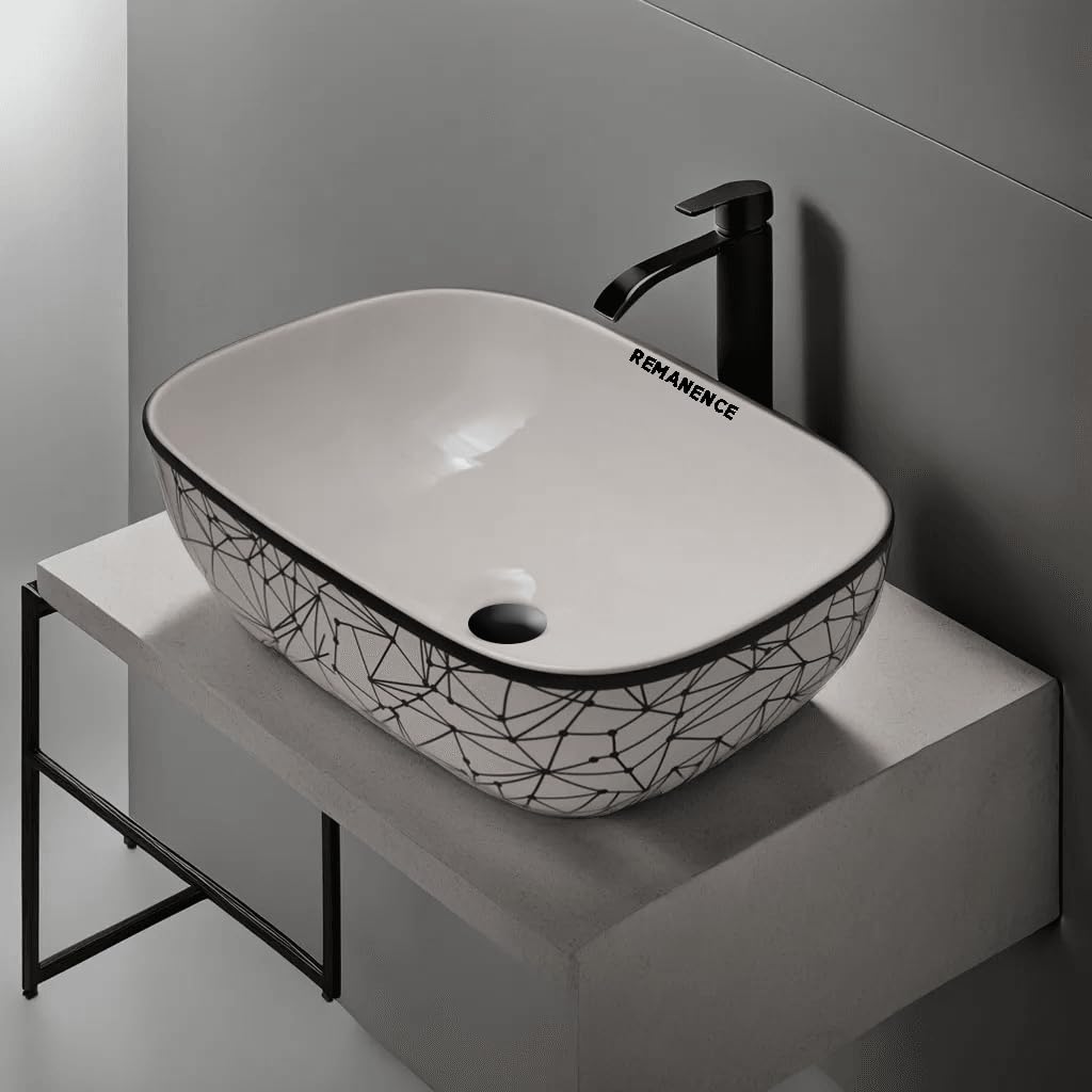 REMANENCE Premium Designer Table Top Wash Basin For Designer Bathrooms, Luxury Homes, Boutique Hotels (18 x 13 x 5.5 Inch) (AD 65 White N Black Design)