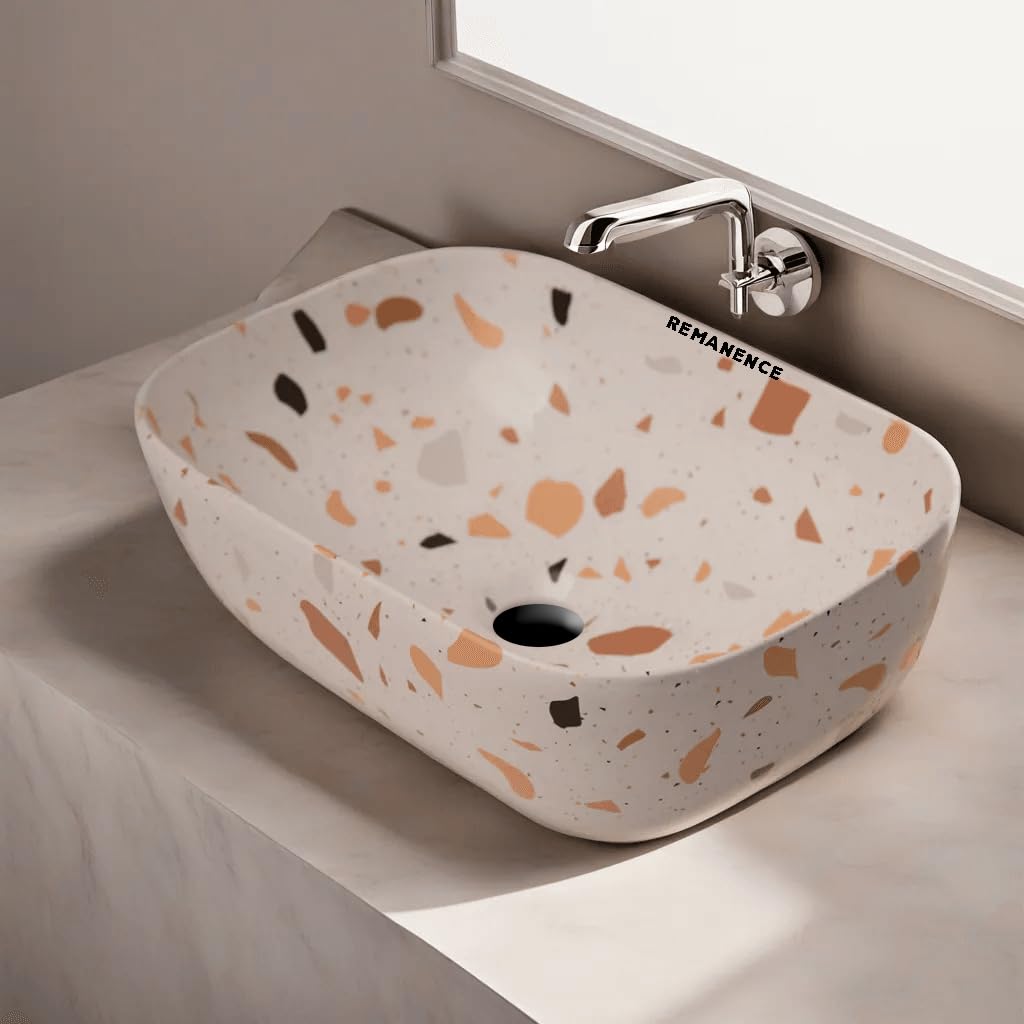 REMANENCE Premium Designer Table Top Wash Basin For Designer Bathrooms, Luxury Homes, Boutique Hotels (18 x 13 x 5.5 Inch) (AD 64 White N Multi Spot)