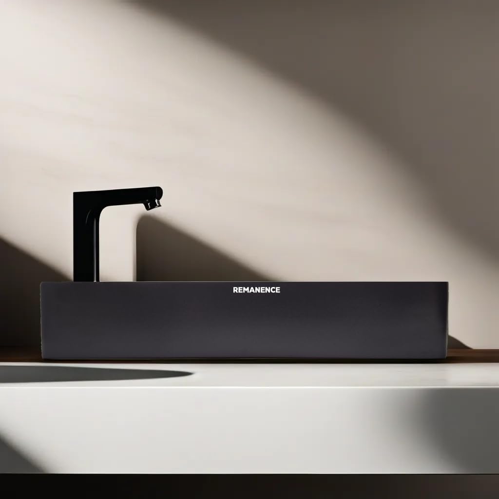 REMANENCE Designer Ceramic Table Top Wash Basin For Bathroom (24 x 14 x 5 Inch) (White Black Stripe Inside SL 55)