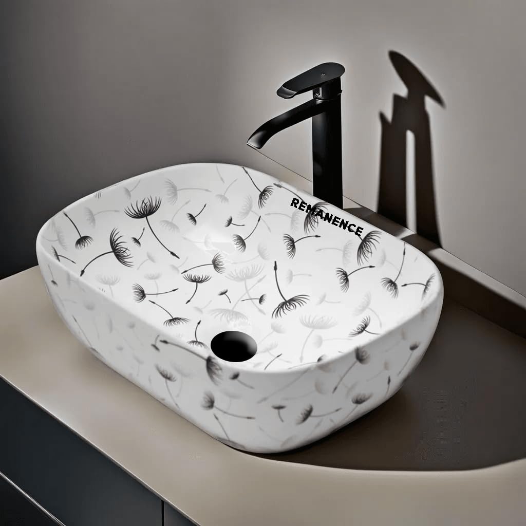 REMANENCE Premium Designer Table Top Wash Basin For Designer Bathrooms, Luxury Homes, Boutique Hotels (18 x 13 x 5.5 Inch) (AD 68 Flower Design)
