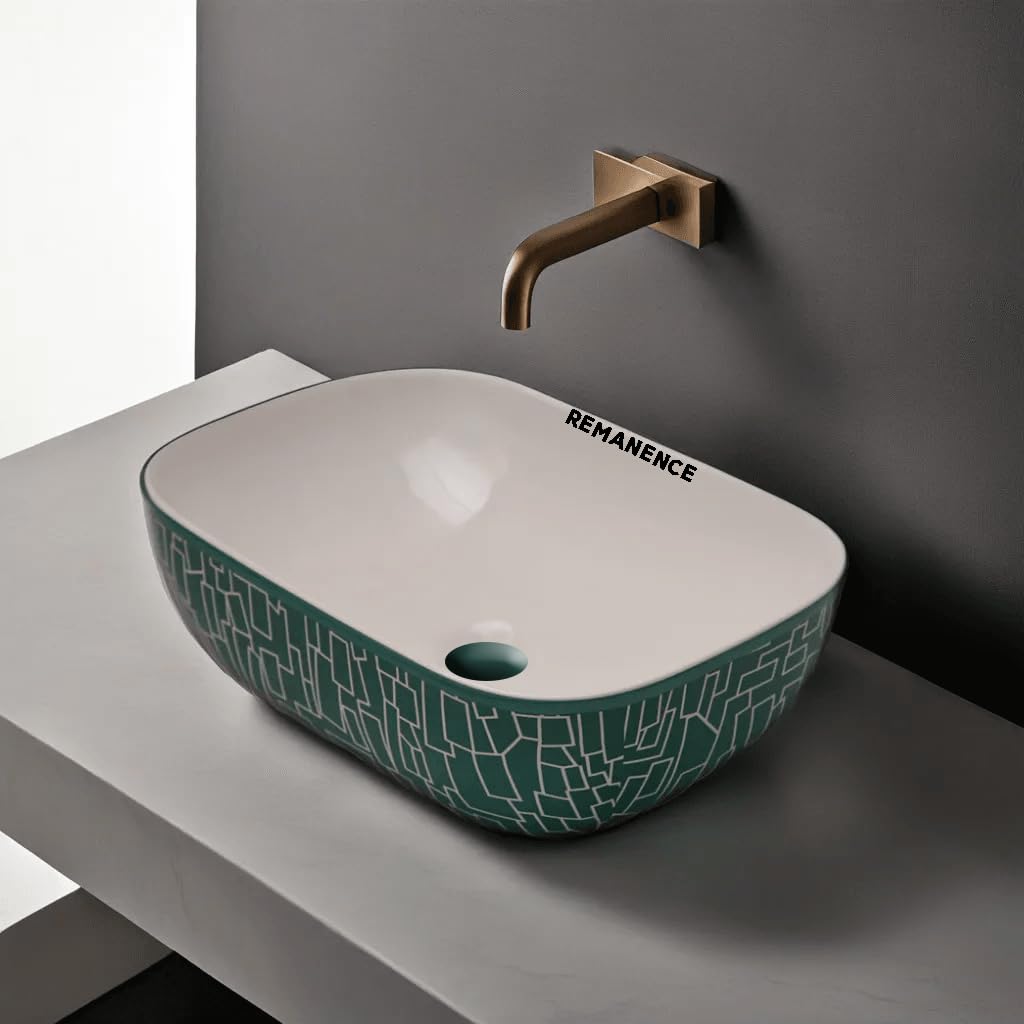 REMANENCE Premium Designer Table Top Wash Basin For Designer Bathrooms, Luxury Homes, Boutique Hotels (18 x 13 x 5.5 Inch) (AD 20 White N Rama)