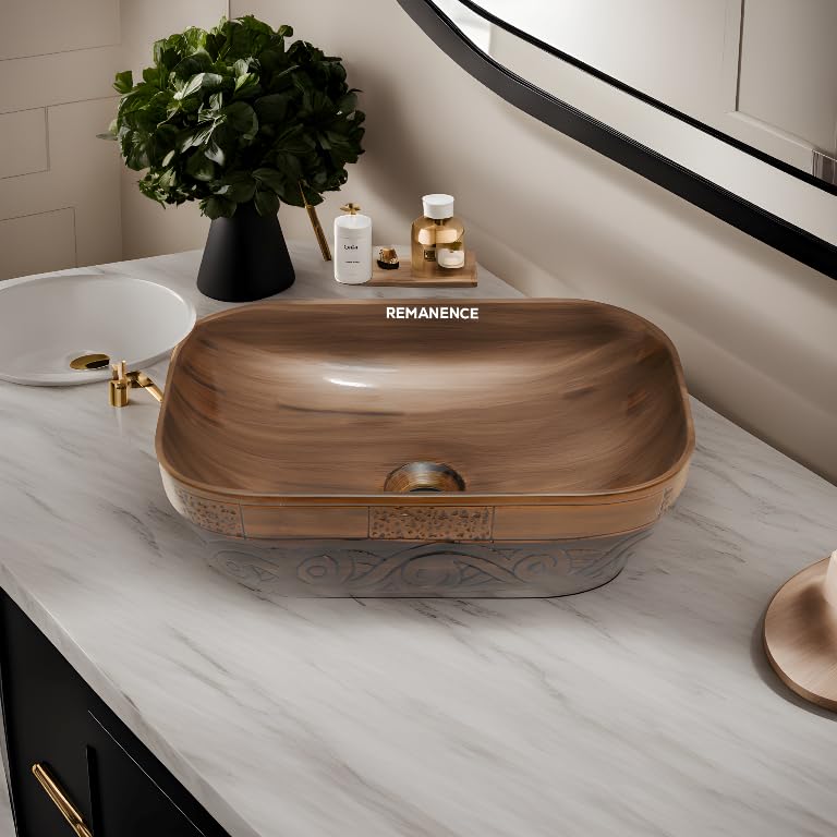 REMANENCE Premium Wooden Style Designer Table Top Wash Basin for Luxury Homes, Premium Restaurants & Cafés, Boutique Hotels & Resorts (18 x 13 x 5.5 Inch) (Wooden Style Basin 06)