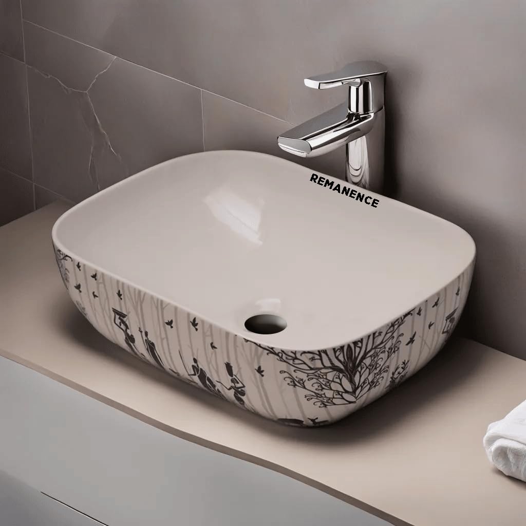 REMANENCE Premium Designer Table Top Wash Basin For Designer Bathrooms, Luxury Homes, Boutique Hotels (18 x 13 x 5.5 Inch) (AD 27 Forest Printed)