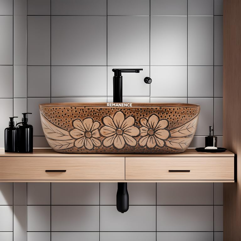 REMANENCE Premium Wooden Style Designer Table Top Wash Basin for Luxury Homes, Premium Restaurants & Cafés, Boutique Hotels & Resorts (18 x 13 x 5.5 Inch) (Wooden Style Basin 05)