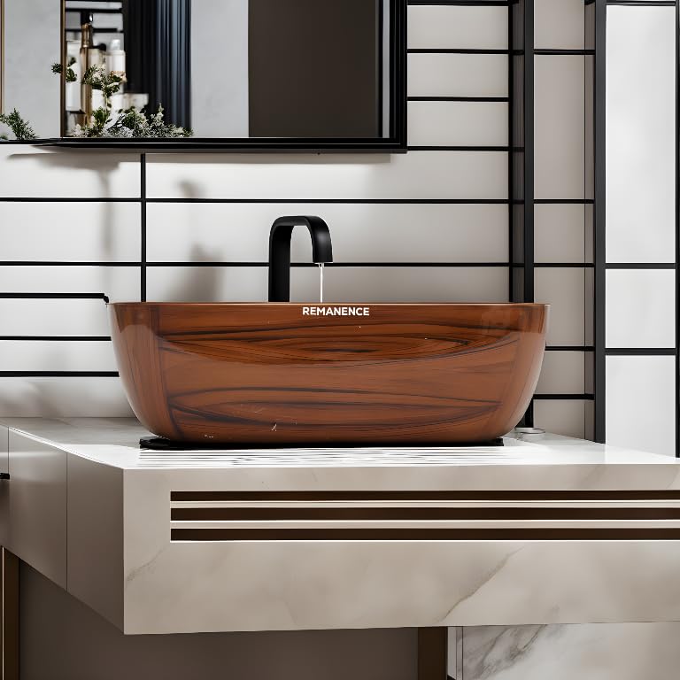 REMANENCE Premium Wooden Style Designer Table Top Wash Basin for Luxury Homes, Premium Restaurants & Cafés, Boutique Hotels & Resorts (18 x 13 x 5.5 Inch) (Wooden Style Basin 04)
