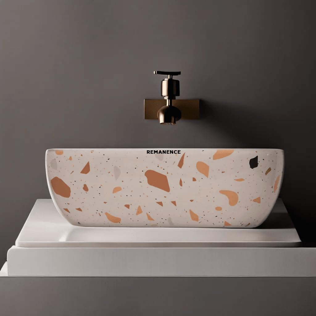 REMANENCE Premium Designer Table Top Wash Basin For Designer Bathrooms, Luxury Homes, Boutique Hotels (18 x 13 x 5.5 Inch) (AD 64 White N Multi Spot)