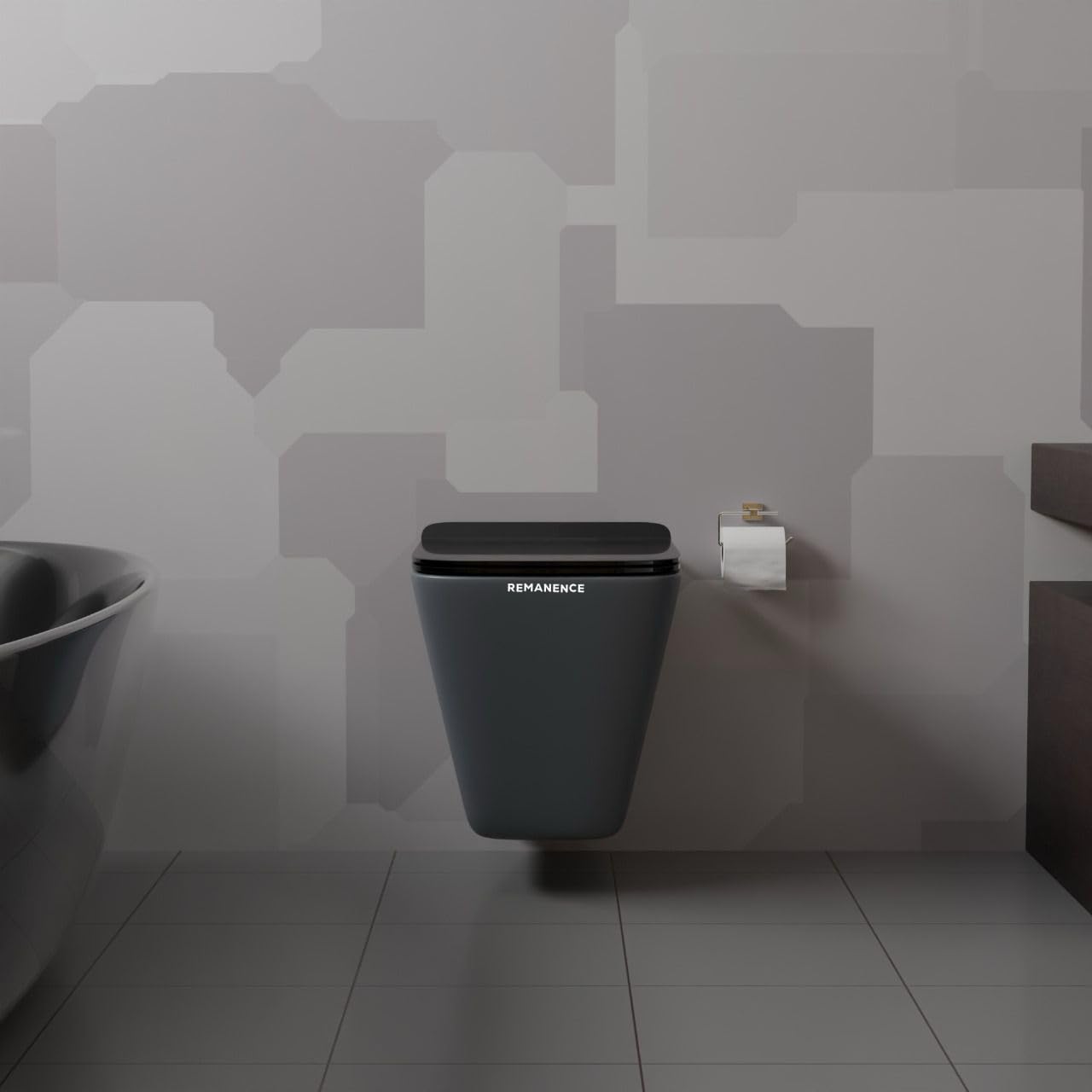 REMANENCE-EUROPEAN Style Ceramic Wall Mount Commode for Bathrooms with Soft Close Seat Cover (Dark Grey)