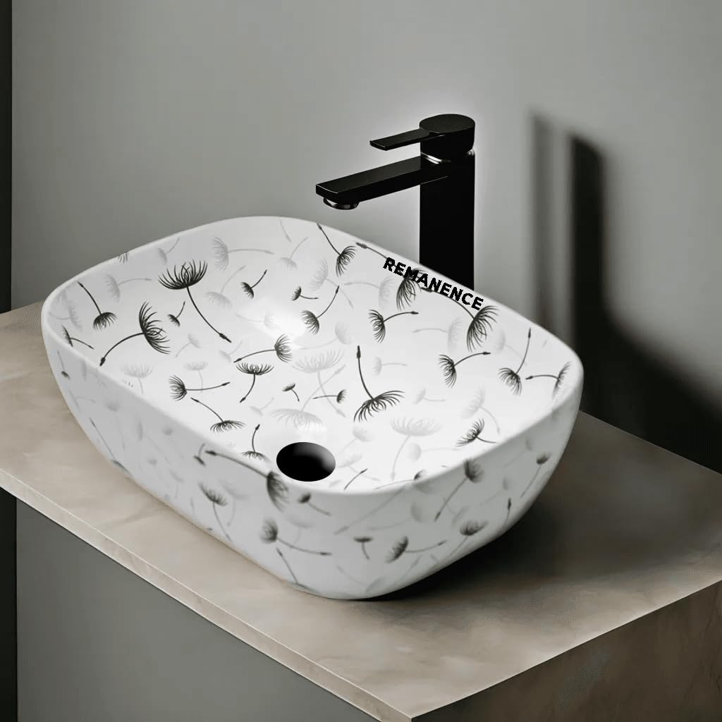 REMANENCE Premium Designer Table Top Wash Basin For Designer Bathrooms, Luxury Homes, Boutique Hotels (18 x 13 x 5.5 Inch) (AD 68 Flower Design)