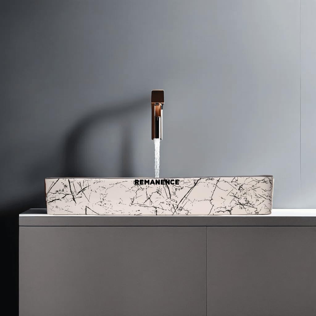 REMANENCE Designer Ceramic Table Top Wash Basin For Bathroom (24 x 14 x 5 Inch) (Grey N White Black Stripe SL 54)