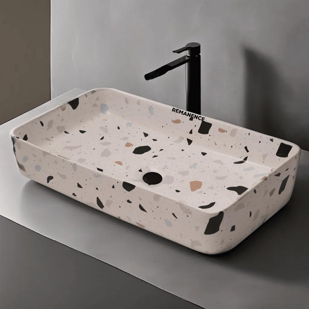 REMANENCE Designer Ceramic Table Top Wash Basin For Bathroom (24 x 14 x 5 Inch) (Designer White N Multi)