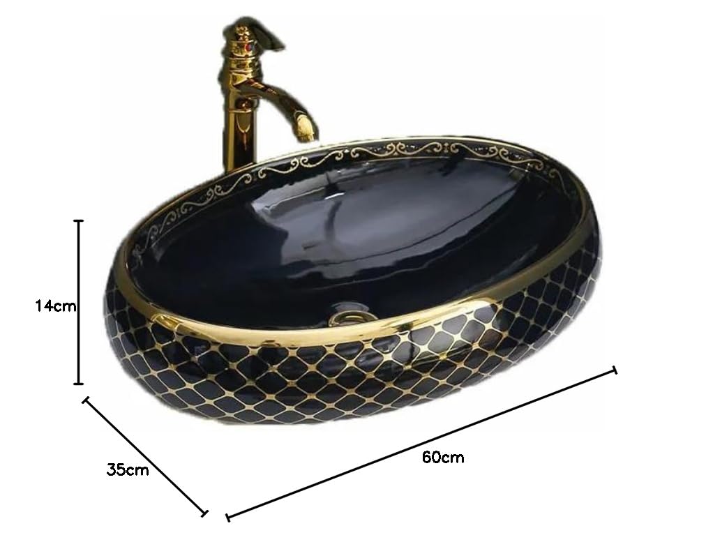 REMANENCE Premium Countertop Wash Basin for High-End Restaurants, Boutique Hotel & Resort, Gourmet Cafés (24 x 16 x 6 Inch) (Glossy Black Golden Basin-Cross Design)