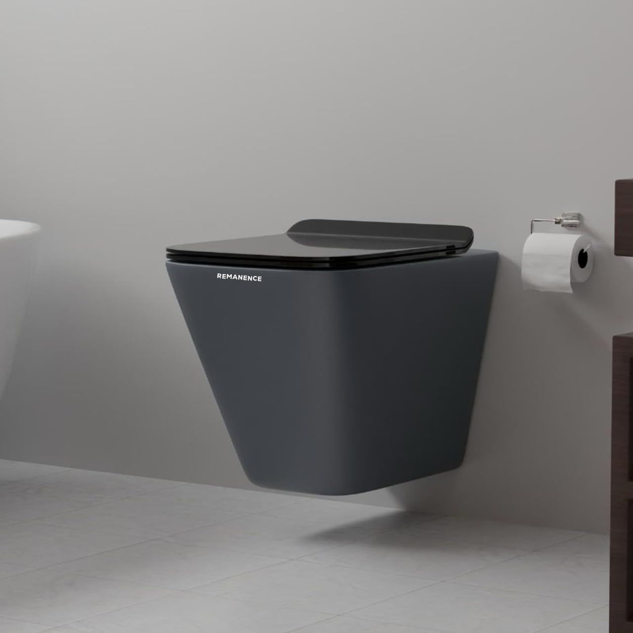 REMANENCE-EUROPEAN Style Ceramic Wall Mount Commode for Bathrooms with Soft Close Seat Cover (Dark Grey)