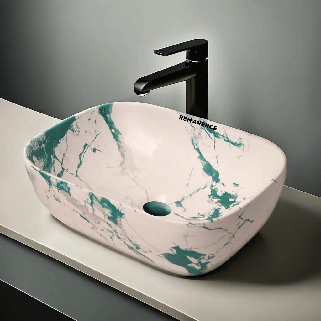 REMANENCE Premium Designer Table Top Wash Basin For Designer Bathrooms, Luxury Homes, Boutique Hotels (18 x 13 x 5.5 Inch) (AD 74 Designer White Rama)