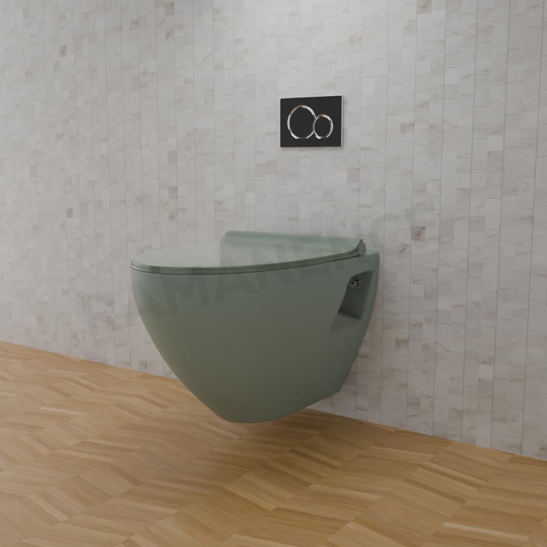 REMANENCE-CARDIFF Wall Mount Commode for Home, Restaurant, Commercial Buildings with Soft Close Seat Cover (Olive Green)