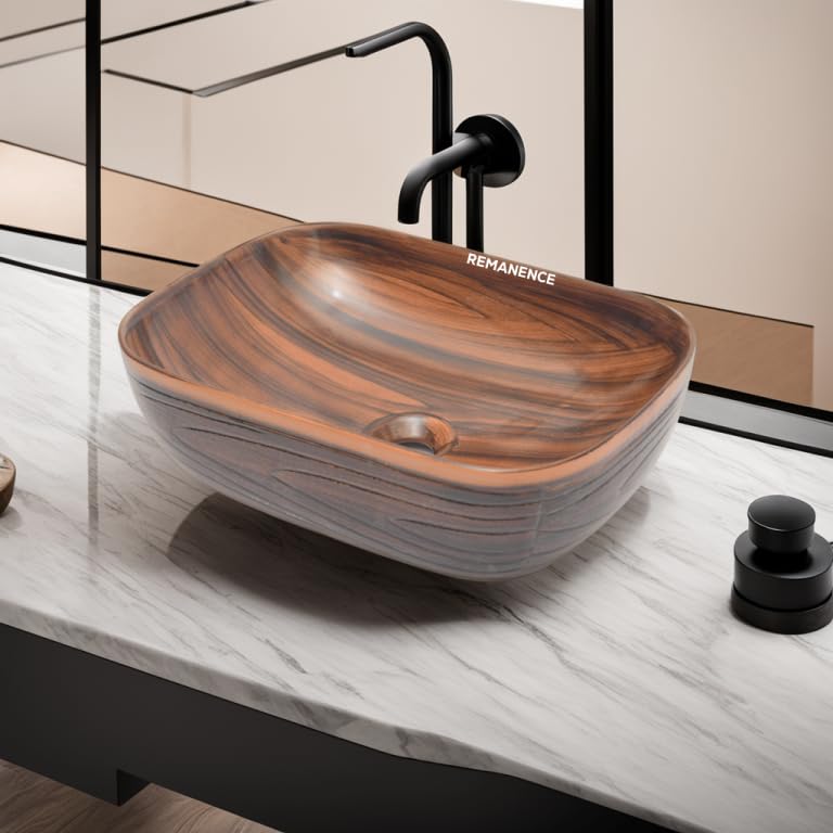 REMANENCE Premium Wooden Style Designer Table Top Wash Basin for Luxury Homes, Premium Restaurants & Cafés, Boutique Hotels & Resorts (18 x 13 x 5.5 Inch) (Wooden Style Basin 08)