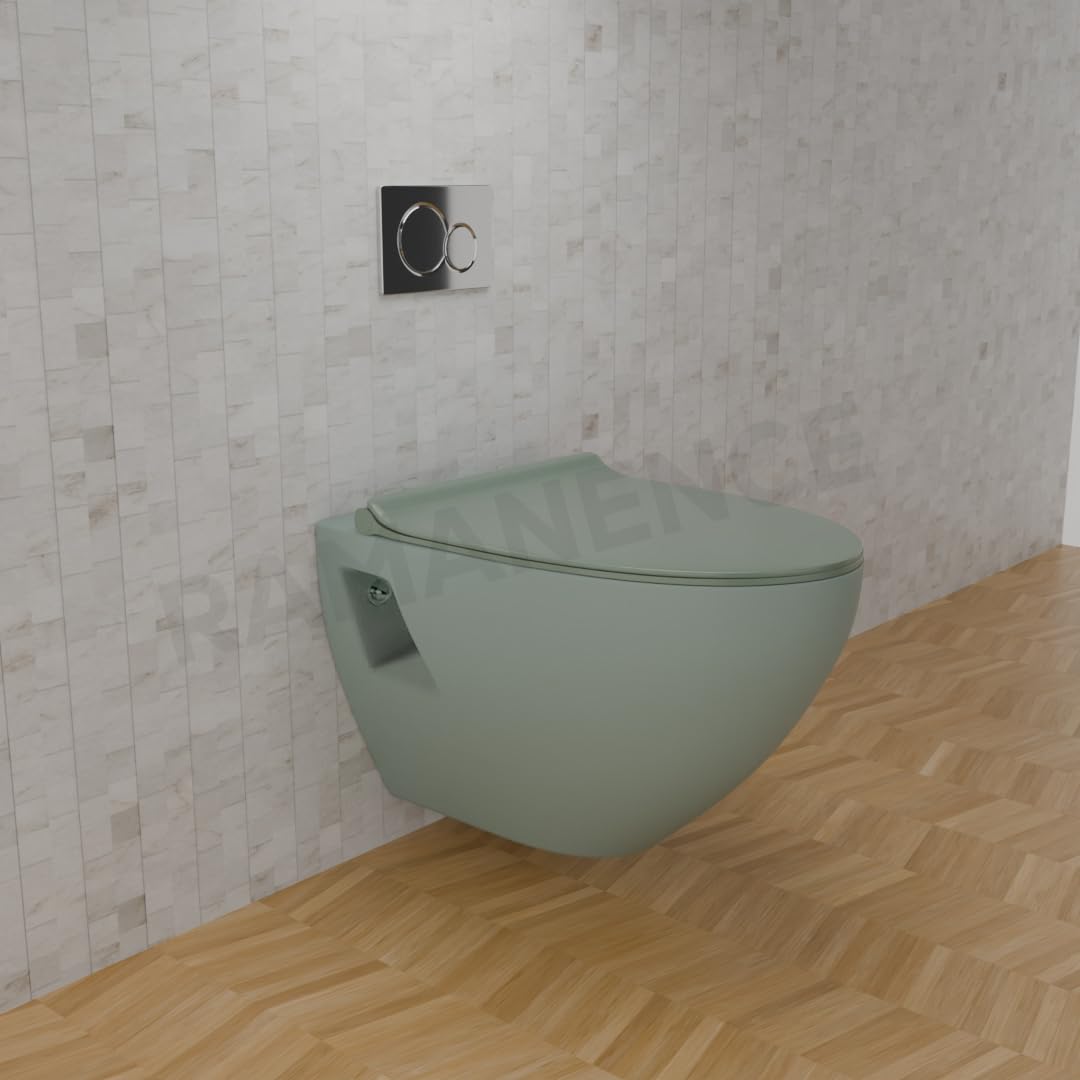 REMANENCE-CARDIFF Wall Mount Commode for Home, Restaurant, Commercial Buildings with Soft Close Seat Cover (Olive Green)