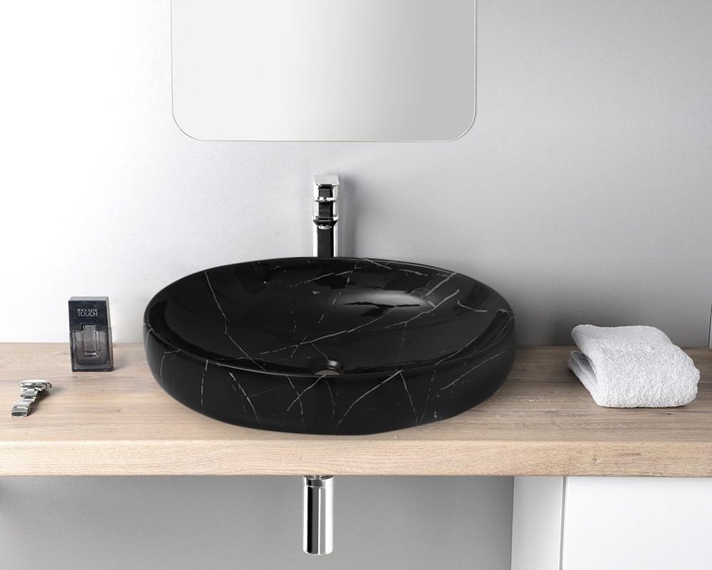 REMANENCE Ceramic Countertop Wash Basin for Designer Bathroom, Boutique Hotels, Luxury Homes (24 x 15 x 6 Inch) (Glossy Black N White Strip)