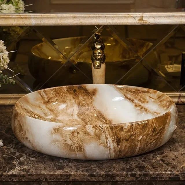 REMANENCE Ceramic Countertop Wash Basin for Designer Bathroom, Boutique Hotels, Luxury Homes (24 x 15 x 6 Inch) (Marble White N Brown)