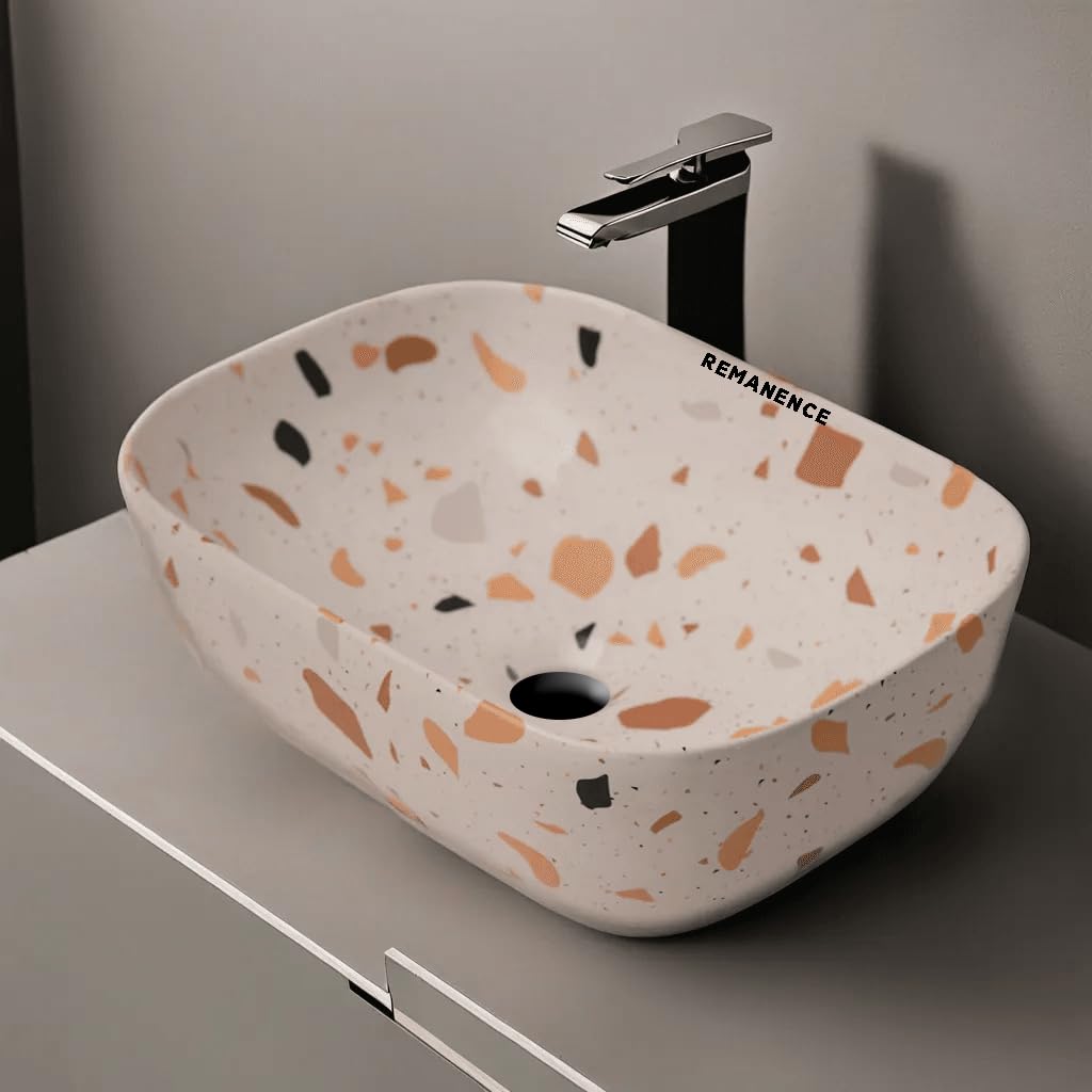 REMANENCE Premium Designer Table Top Wash Basin For Designer Bathrooms, Luxury Homes, Boutique Hotels (18 x 13 x 5.5 Inch) (AD 64 White N Multi Spot)