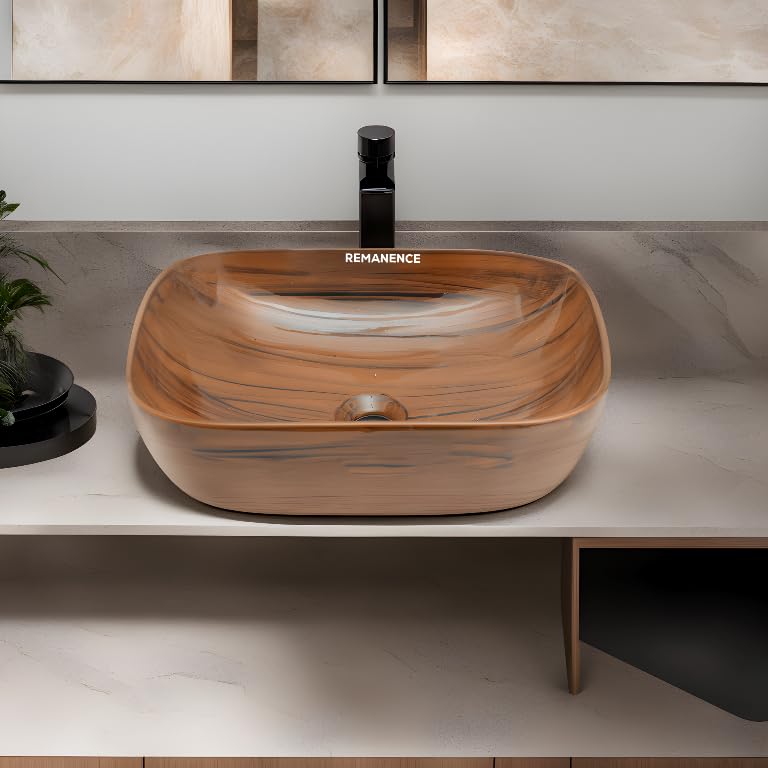 REMANENCE Premium Wooden Style Designer Table Top Wash Basin for Luxury Homes, Premium Restaurants & Cafés, Boutique Hotels & Resorts (18 x 13 x 5.5 Inch) (Wooden Style Basin 04)