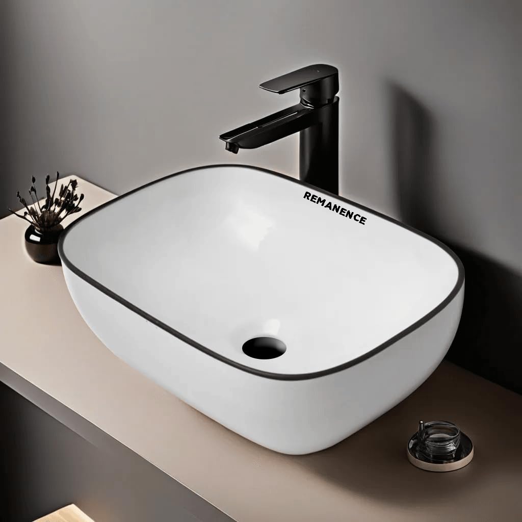 REMANENCE Premium Designer Table Top Wash Basin For Designer Bathrooms, Luxury Homes, Boutique Hotels (18 x 13 x 5.5 Inch) (AD 69 Plain White Black Line Tip)
