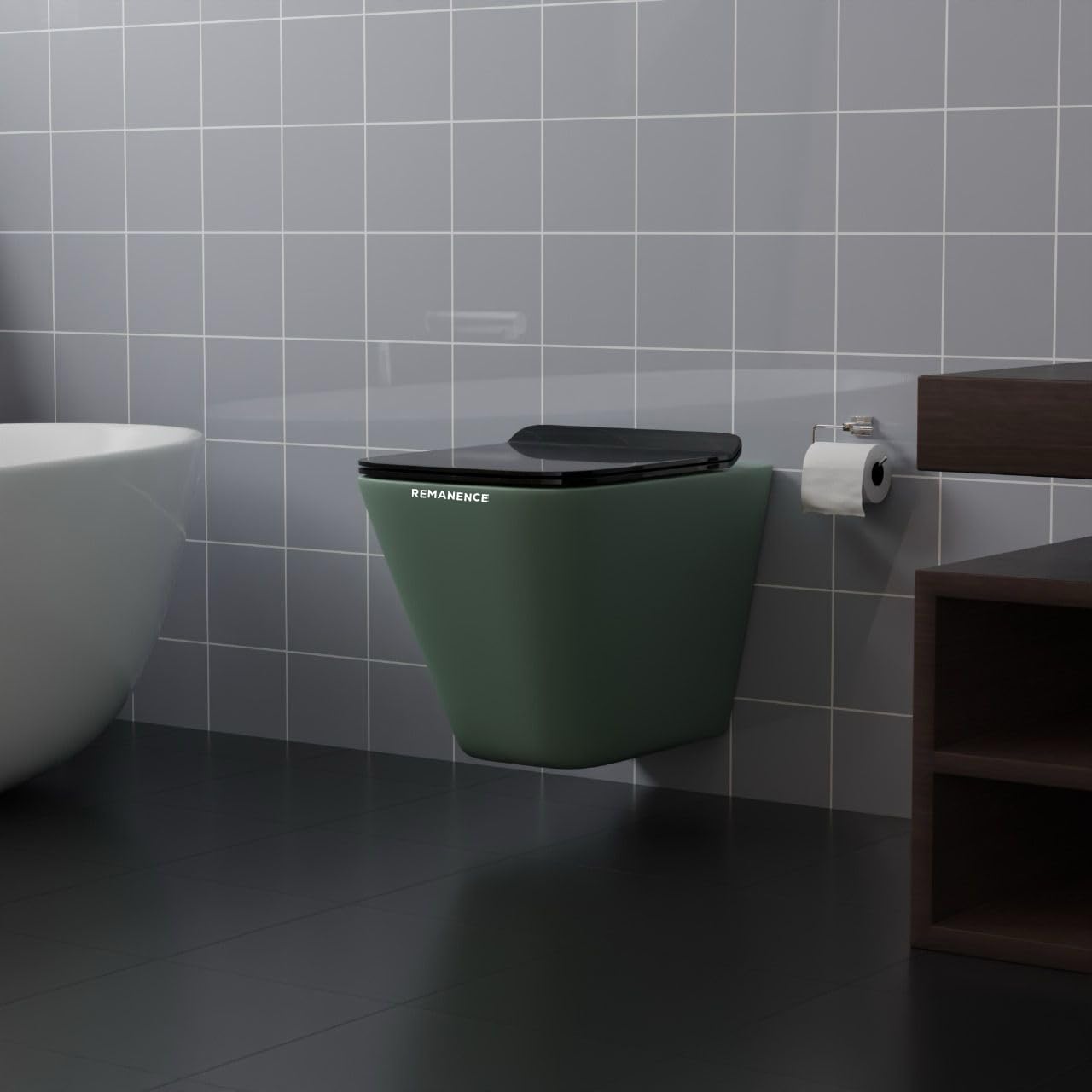 REMANENCE-EUROPEAN Style Ceramic Wall Mount Commode for Bathrooms with Soft Close Seat Cover (Olive Green)