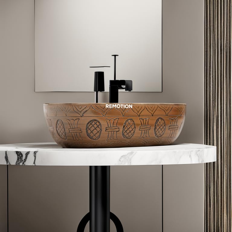 REMANENCE Premium Wooden Style Designer Table Top Wash Basin for Luxury Homes, Premium Restaurants & Cafés, Boutique Hotels & Resorts (18 x 13 x 5.5 Inch) (Wooden Style Basin 02)