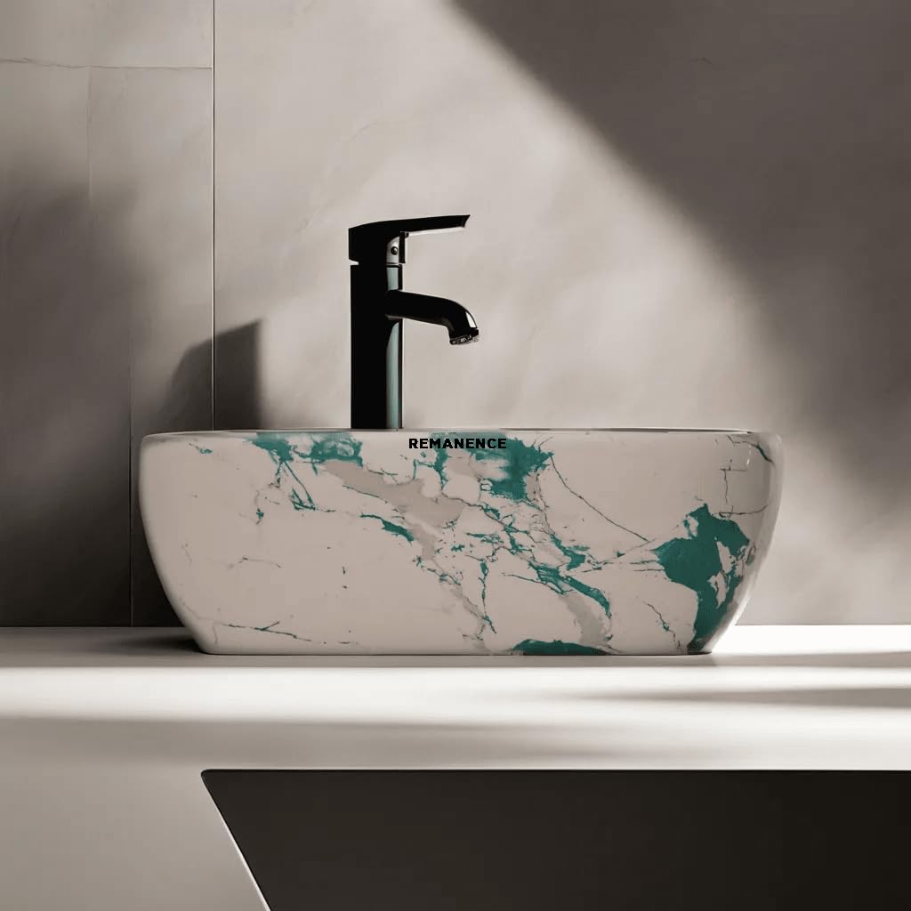 REMANENCE Premium Designer Table Top Wash Basin For Designer Bathrooms, Luxury Homes, Boutique Hotels (18 x 13 x 5.5 Inch) (AD 74 Designer White Rama)