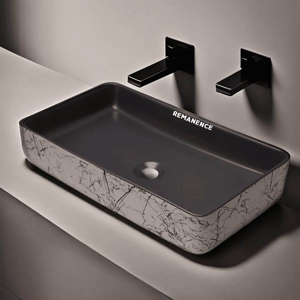 REMANENCE Designer Ceramic Table Top Wash Basin For Bathroom (24 x 14 x 5 Inch) (Grey N White Black Stripe SL 54)