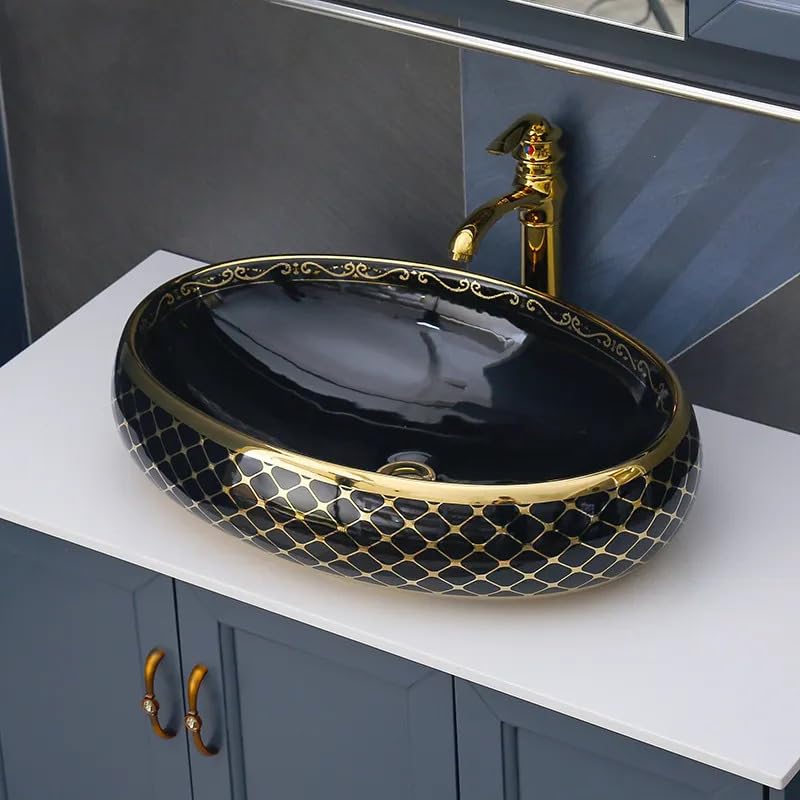 REMANENCE Premium Countertop Wash Basin for High-End Restaurants, Boutique Hotel & Resort, Gourmet Cafés (24 x 16 x 6 Inch) (Glossy Black Golden Basin-Cross Design)