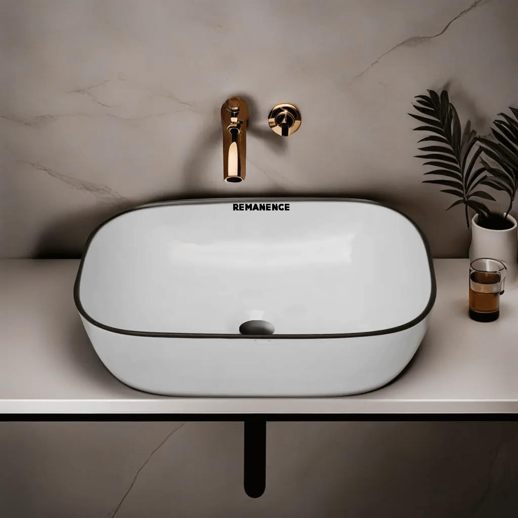 REMANENCE Premium Designer Table Top Wash Basin For Designer Bathrooms, Luxury Homes, Boutique Hotels (18 x 13 x 5.5 Inch) (AD 69 Plain White Black Line Tip)