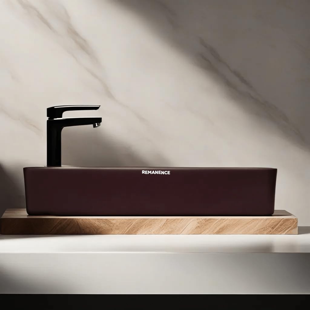 REMANENCE Designer Ceramic Table Top Wash Basin For Bathroom (24 x 14 x 5 Inch) (Matte Brown N White SL 61)