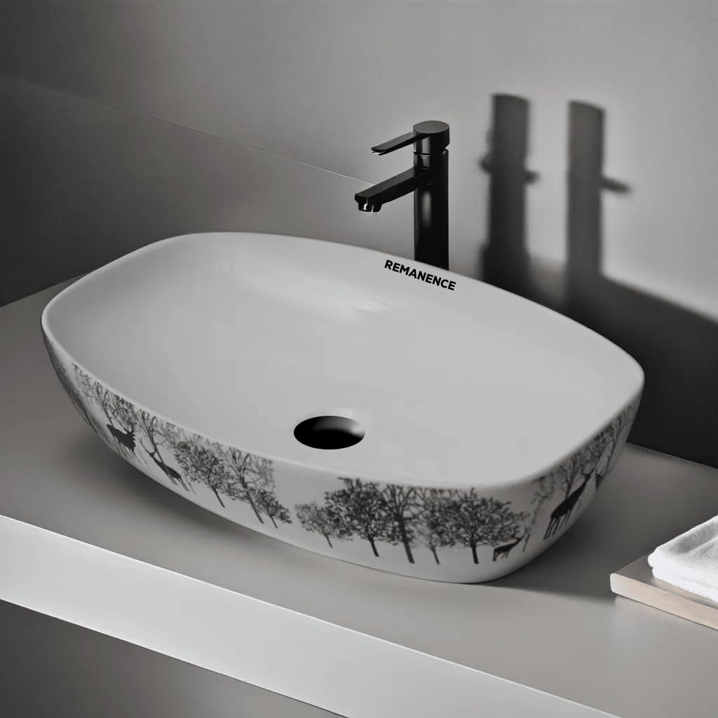 REMANENCE Designer Ceramic Table Top Wash Basin for Luxury Bathrooms, Premium Restaurants & Cafés, Boutique Hotels & Resorts, Showrooms & Offices (24 x 15 x 5 Inch) (Animal Printed)
