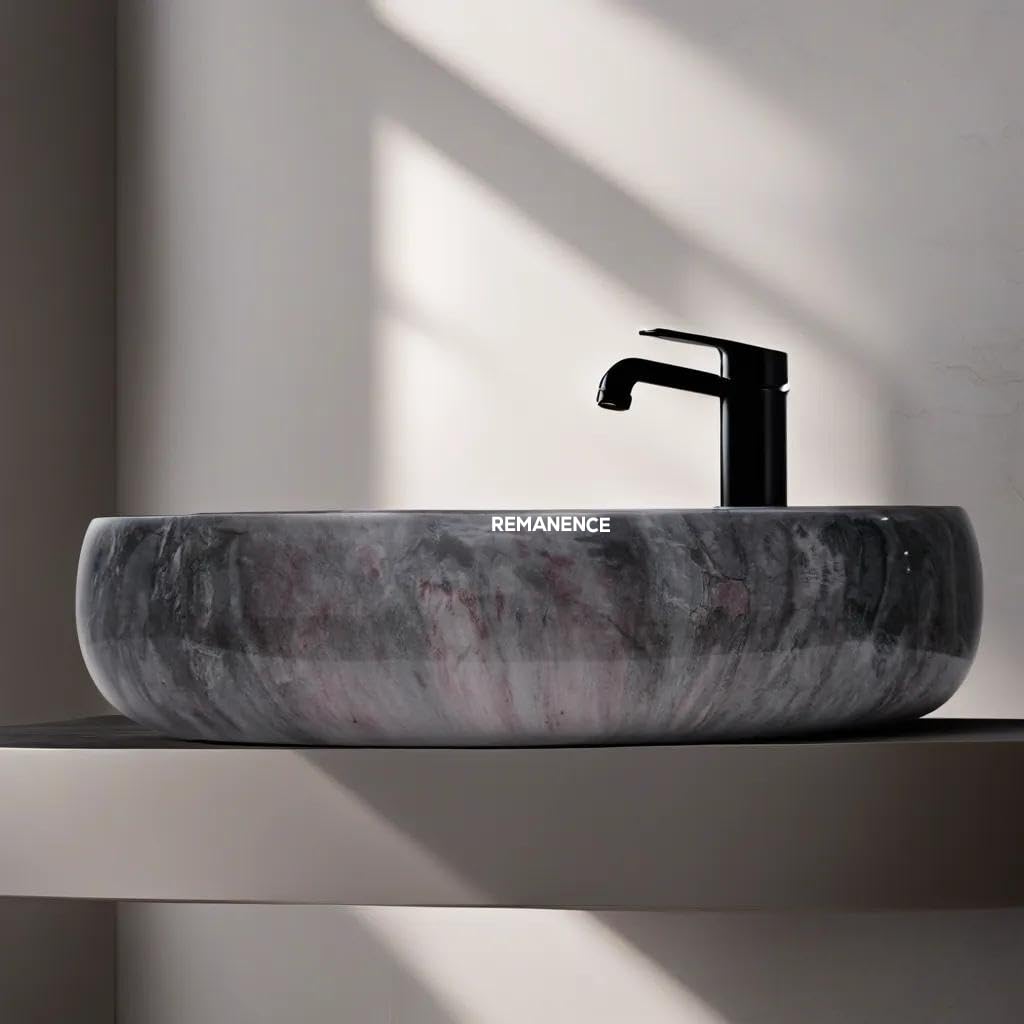 REMANENCE Ceramic Countertop Wash Basin for Designer Bathroom, Boutique Hotels, Luxury Homes (24 x 15 x 6 Inch) (Marble Navy Blue)