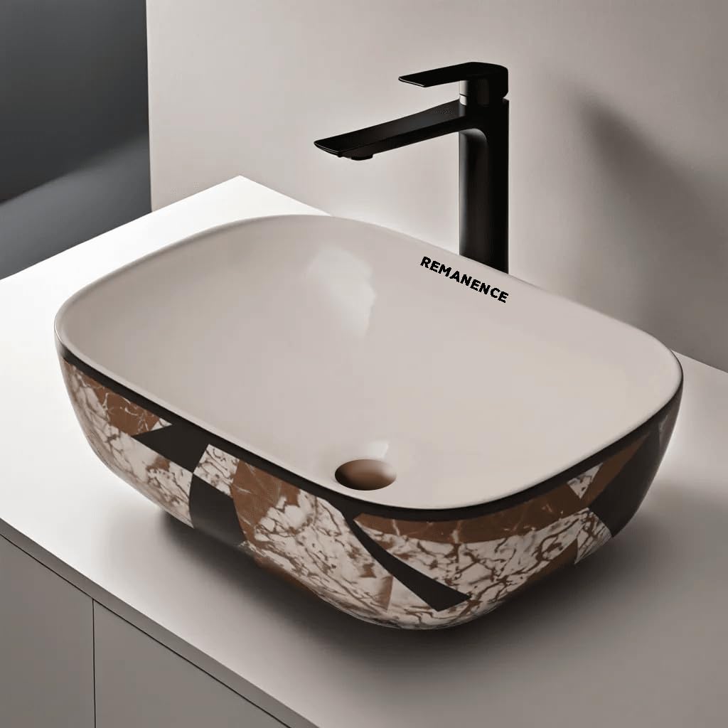 REMANENCE Premium Designer Table Top Wash Basin For Designer Bathrooms, Luxury Homes, Boutique Hotels (18 x 13 x 5.5 Inch) (AD 30 Brown Black N White)