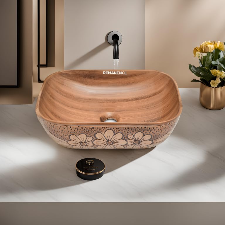 REMANENCE Premium Wooden Style Designer Table Top Wash Basin for Luxury Homes, Premium Restaurants & Cafés, Boutique Hotels & Resorts (18 x 13 x 5.5 Inch) (Wooden Style Basin 05)