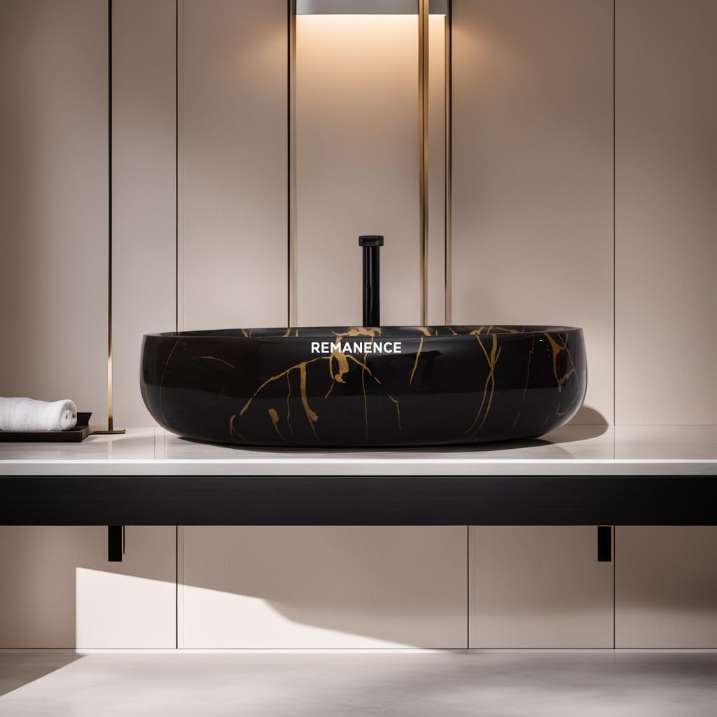 REMANENCE Ceramic Countertop Wash Basin for Designer Bathroom, Boutique Hotels, Luxury Homes (24 x 15 x 6 Inch) (Black N Gold Jelly)