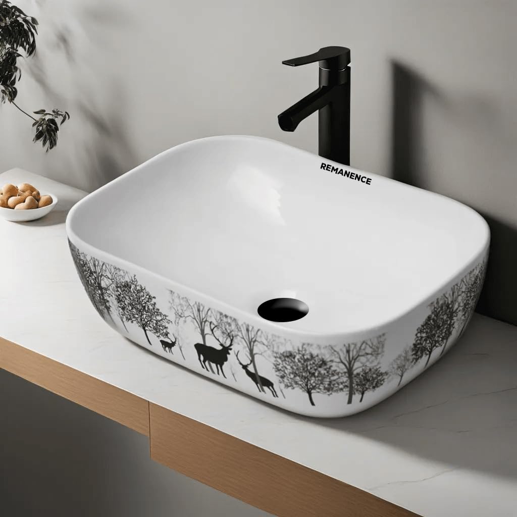 REMANENCE Premium Designer Table Top Wash Basin For Designer Bathrooms, Luxury Homes, Boutique Hotels (18 x 13 x 5.5 Inch) (Animal Printed)