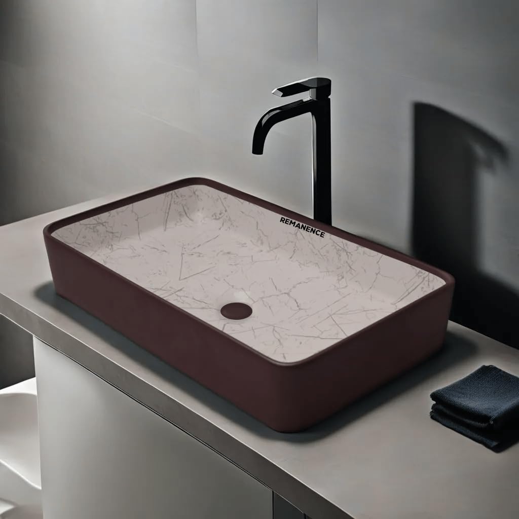 REMANENCE Designer Ceramic Table Top Wash Basin For Bathroom (24 x 14 x 5 Inch) (Matte Brown N White SL 61)
