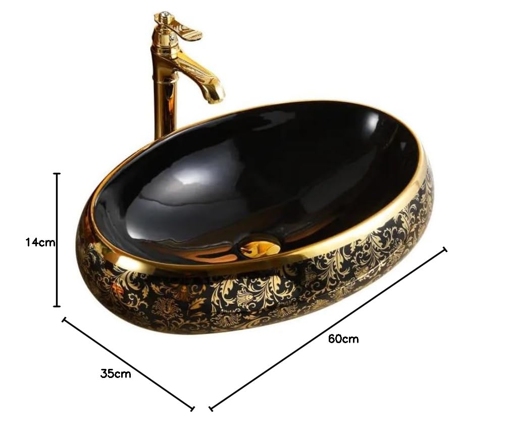 REMANENCE Premium Countertop Wash Basin for High-End Restaurants, Boutique Hotel & Resort, Gourmet Cafés (24 x 16 x 6 Inch) (Glossy Black Golden Basin-Abstract Design)