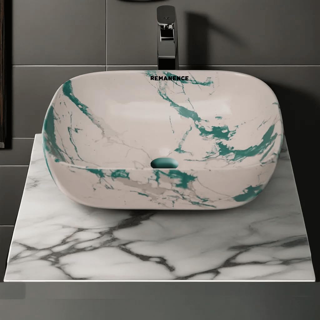 REMANENCE Premium Designer Table Top Wash Basin For Designer Bathrooms, Luxury Homes, Boutique Hotels (18 x 13 x 5.5 Inch) (AD 74 Designer White Rama)