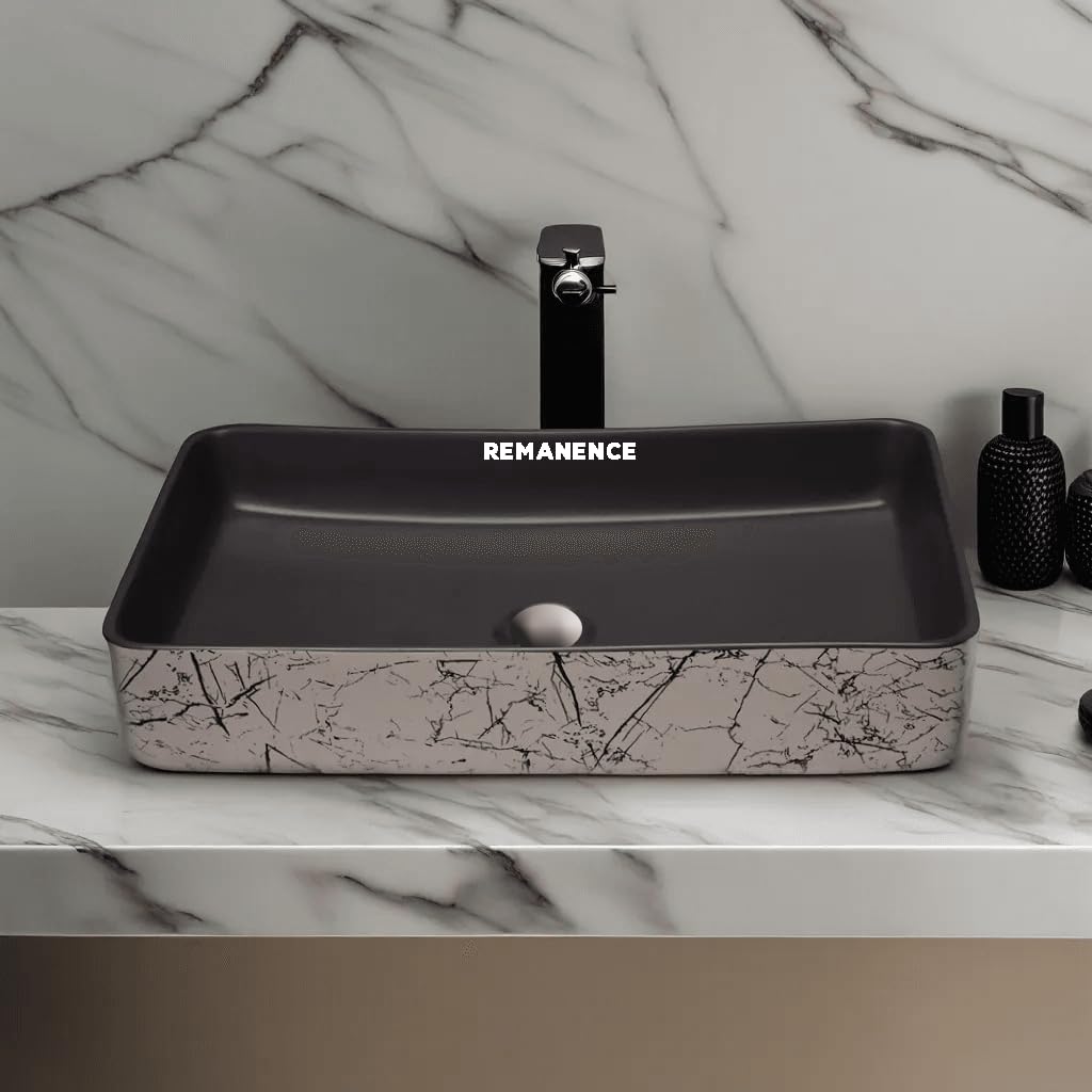 REMANENCE Designer Ceramic Table Top Wash Basin For Bathroom (24 x 14 x 5 Inch) (Grey N White Black Stripe SL 54)