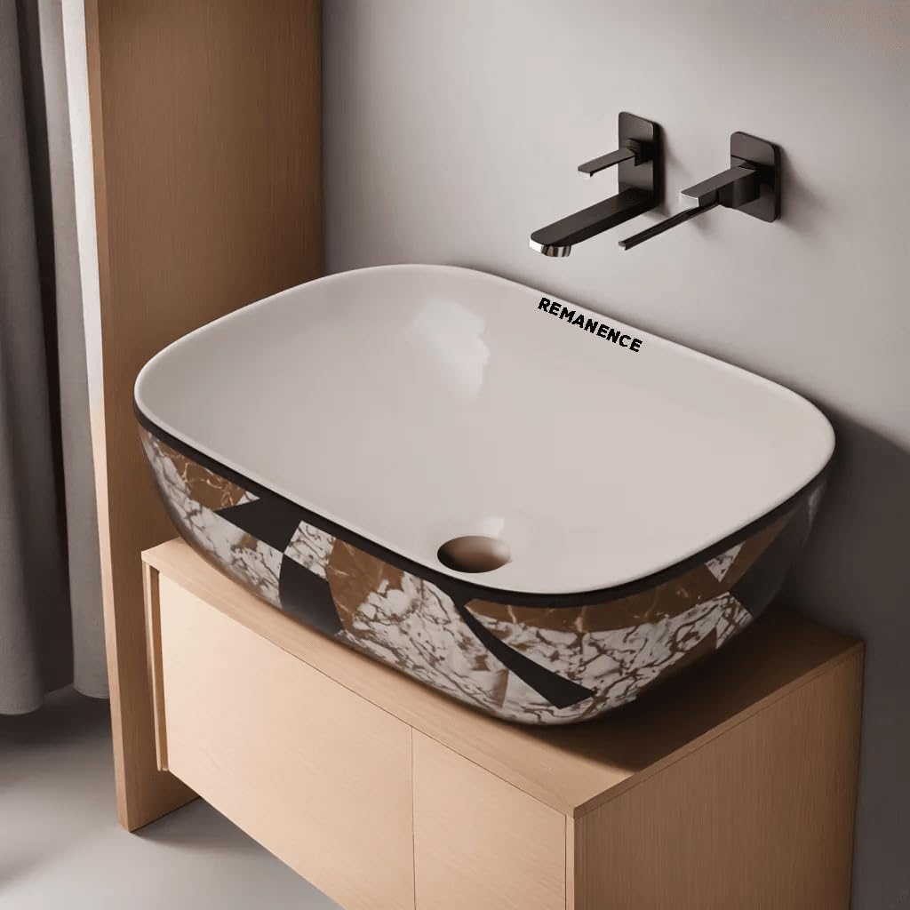 REMANENCE Premium Designer Table Top Wash Basin For Designer Bathrooms, Luxury Homes, Boutique Hotels (18 x 13 x 5.5 Inch) (AD 30 Brown Black N White)