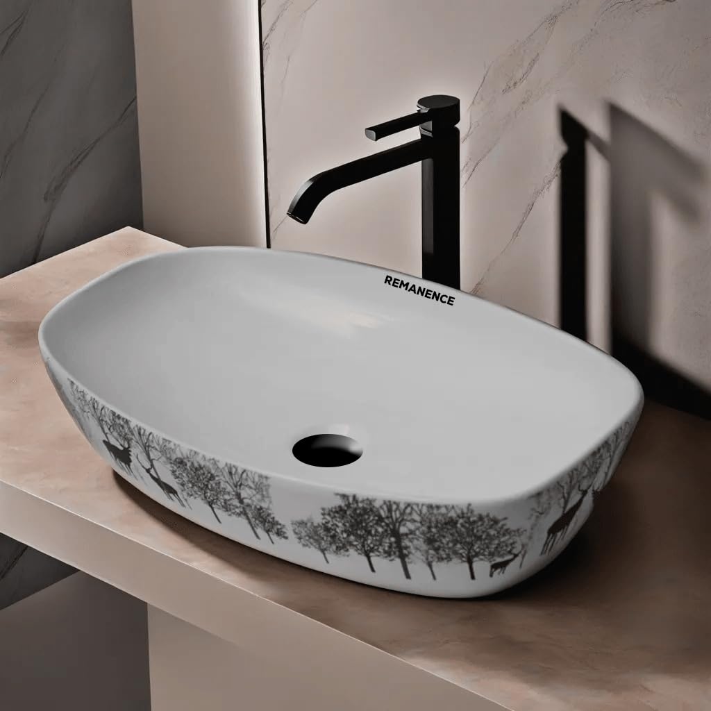 REMANENCE Designer Ceramic Table Top Wash Basin for Luxury Bathrooms, Premium Restaurants & Cafés, Boutique Hotels & Resorts, Showrooms & Offices (24 x 15 x 5 Inch) (Animal Printed)