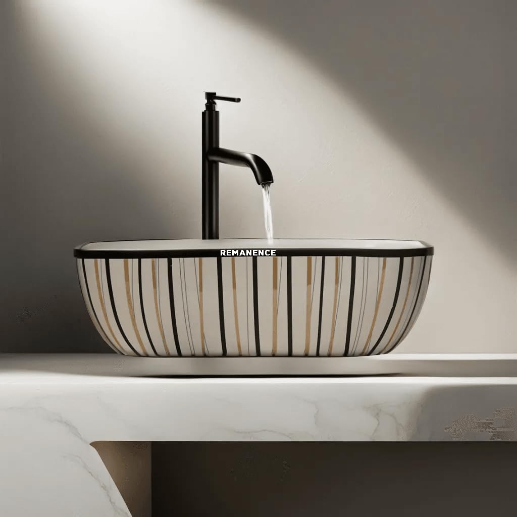 REMANENCE Premium Designer Table Top Wash Basin For Designer Bathrooms, Luxury Homes, Boutique Hotels (18 x 13 x 5.5 Inch) (AD 25 White N Multi)