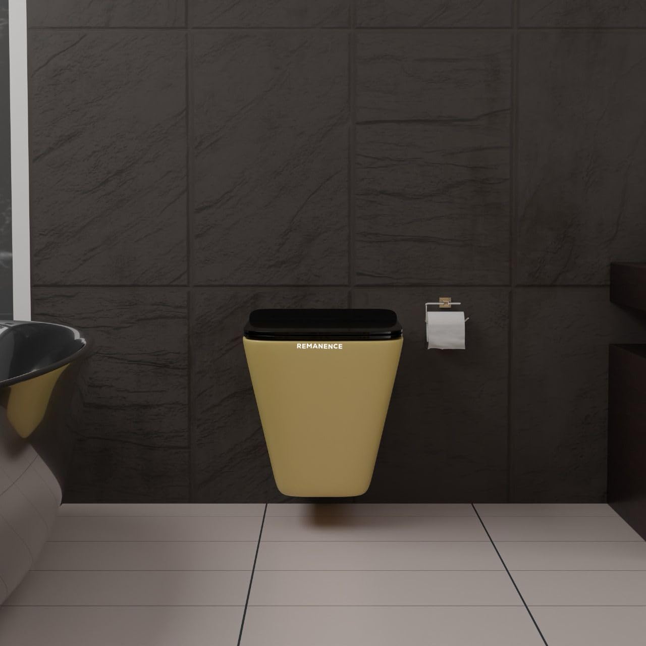 REMANENCE-EUROPEAN Style Ceramic Wall Mount Commode for Bathrooms with Soft Close Seat Cover (Light Yellow)